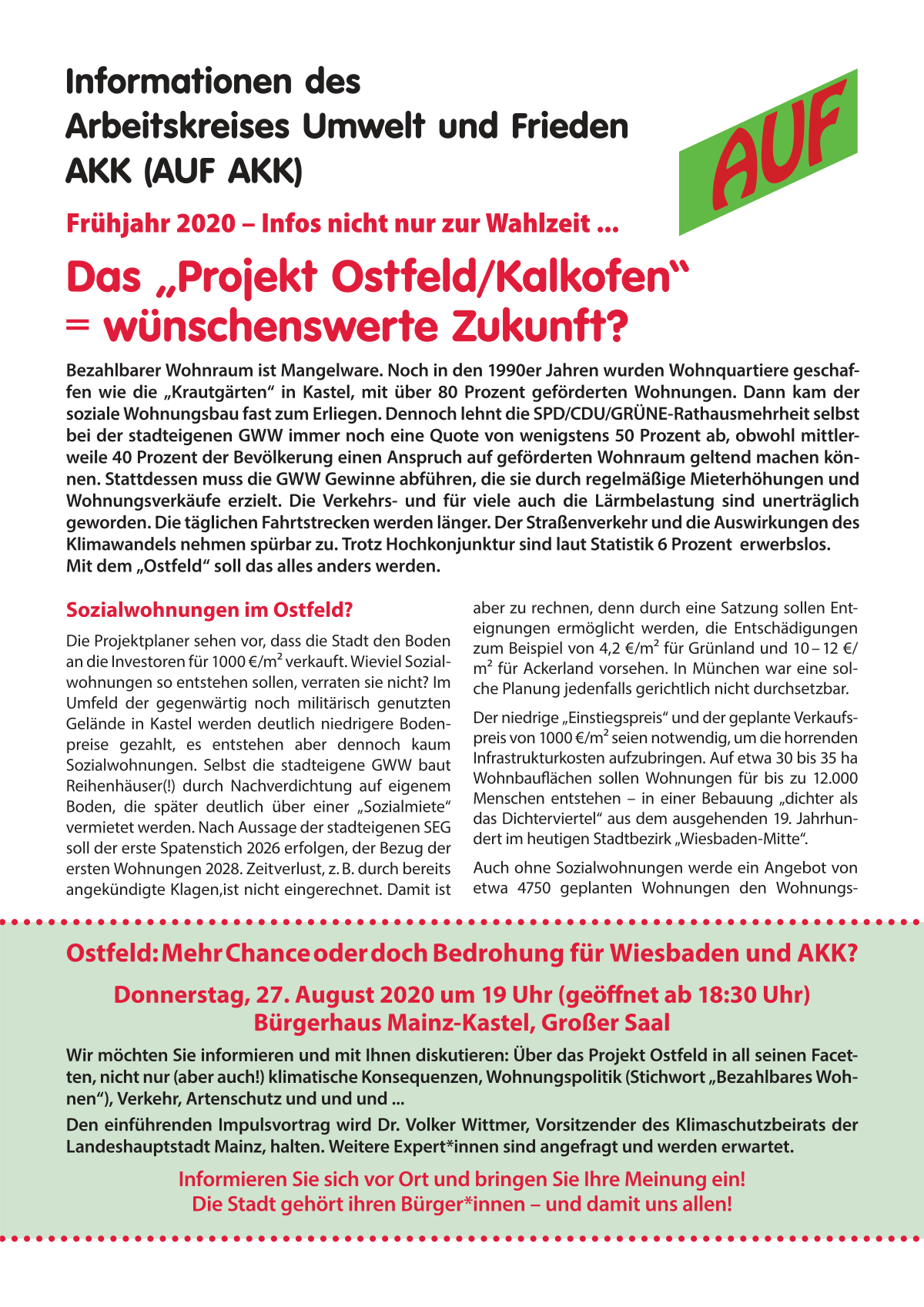 AUF Info Ostfeld aktualisiert 08-2020
Veranstaltung zum Ostfeld