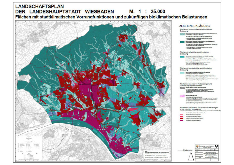 Umweltamt Wiesbaden: Flächen mit stadtklimatischen Vorrangfunktionen und zukünftigen bioklimatischen Belastungen. Präsentation aktuelle und künftige bioklimatische Belastungen