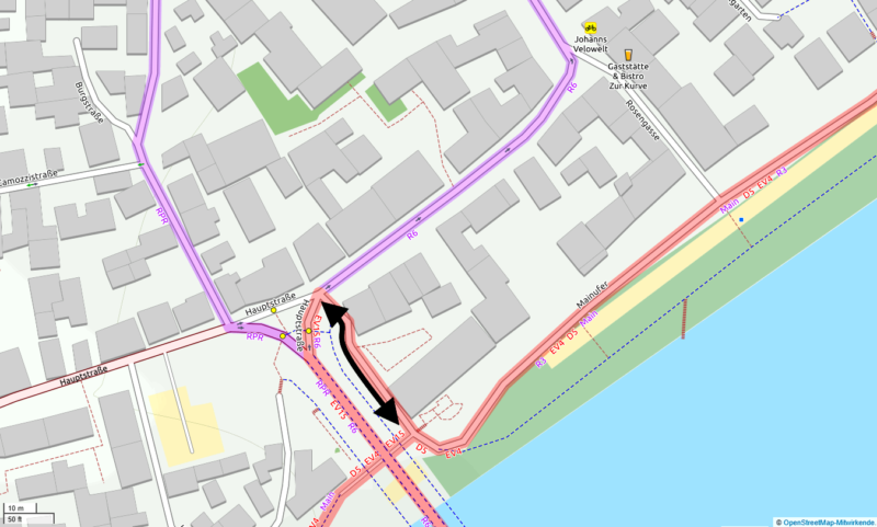 Abbildung 1: Abschnitt der Straße „Mainufer“ der zur Fahrradstraße werden soll. © OpenStreetMap-Mitwirkende. Verkehrssicherheit auf dem Fahrradweg zum Mainufer