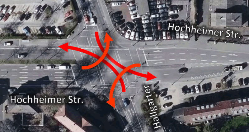 Abbildung 8: Kreuzung Hochheimer Straße / Hallgarter Straße / Uthmannstraße. Beim Linksabbiegen an allen Kreuzungsarmen fehlen Aufstellflächen für Radfahrer (siehe Pfeile). Linksabbiegen für Radfahrer sicher gestalten – Kreuzungen an Hauptverkehrsstraßen. 