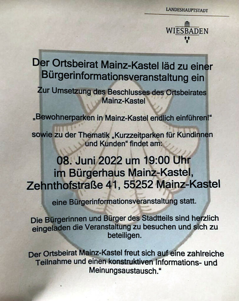 Bürgerinformationsveranstaltung Bewohnerparken Mainz-Kastel 08 Juni 2022