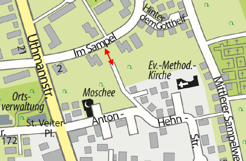Kartenausschnitt. Die Wegeverbindung zwischen Anton-Hehn-Straße undIm Sampel ist mit einem Pfeil markiert. Öffnung des Unteren Sampelwegs für Fußgänger und Radfahrer.